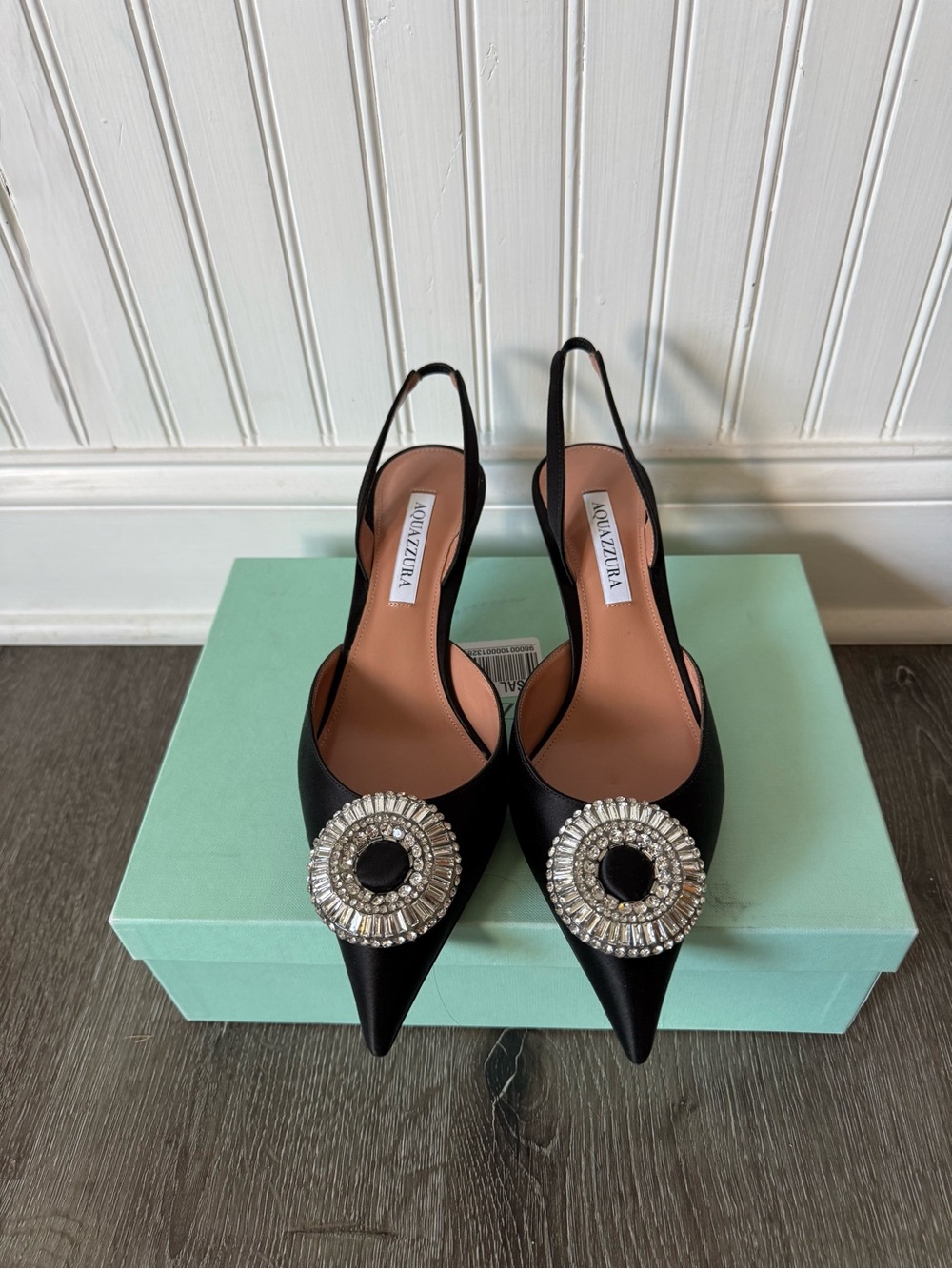 Aquazzura Crystal Hoop Sling 50 Black Satin Crystal Pumps Size 40 NEW - Picture 3 of 8